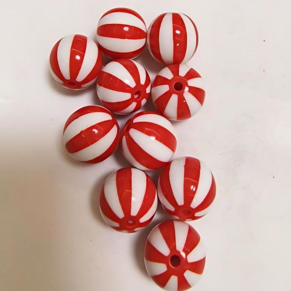 Striped Bubblegum Beads 20mm Red and White Glossy Printed 10pcs 3