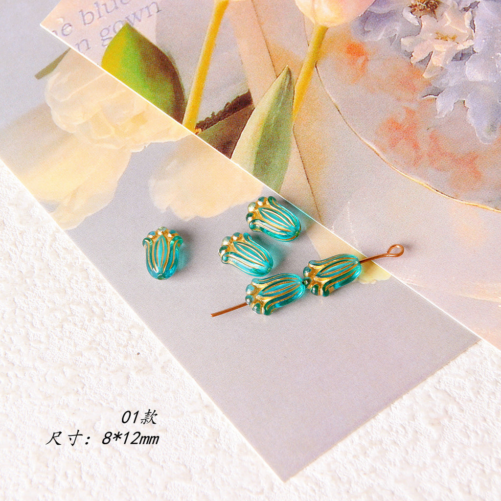 Vintage Transparent Green Gilded Pattern Acrylic Beads 1pc 6