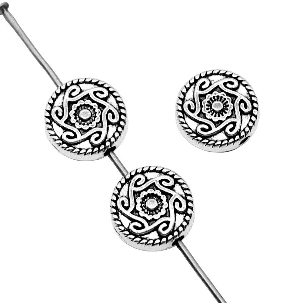 Flat Metal Beads 9mm Vintage Totem Pattern Antique Silver Tone 100pcs 3