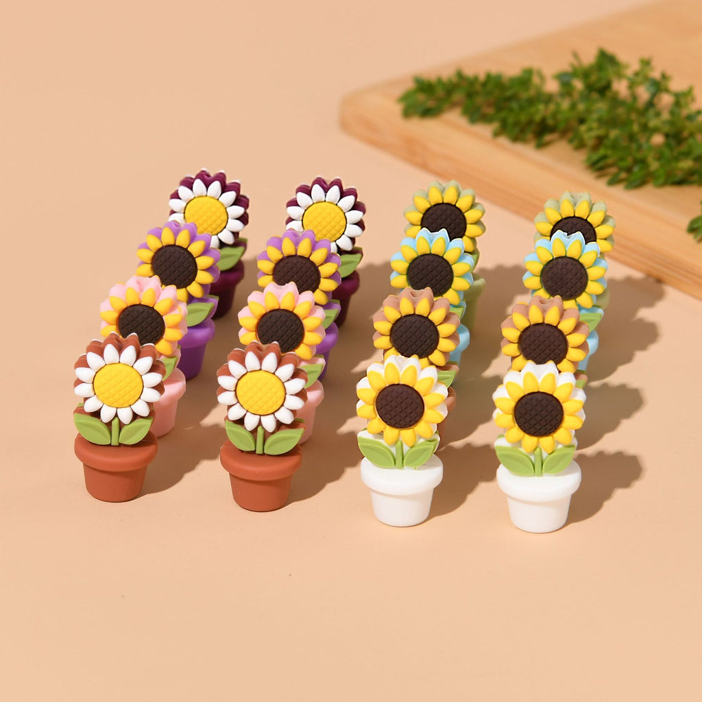Silicone Focal Beads Sunflower Flowerpot Brown Pot Yellow Flower 20pcs 3