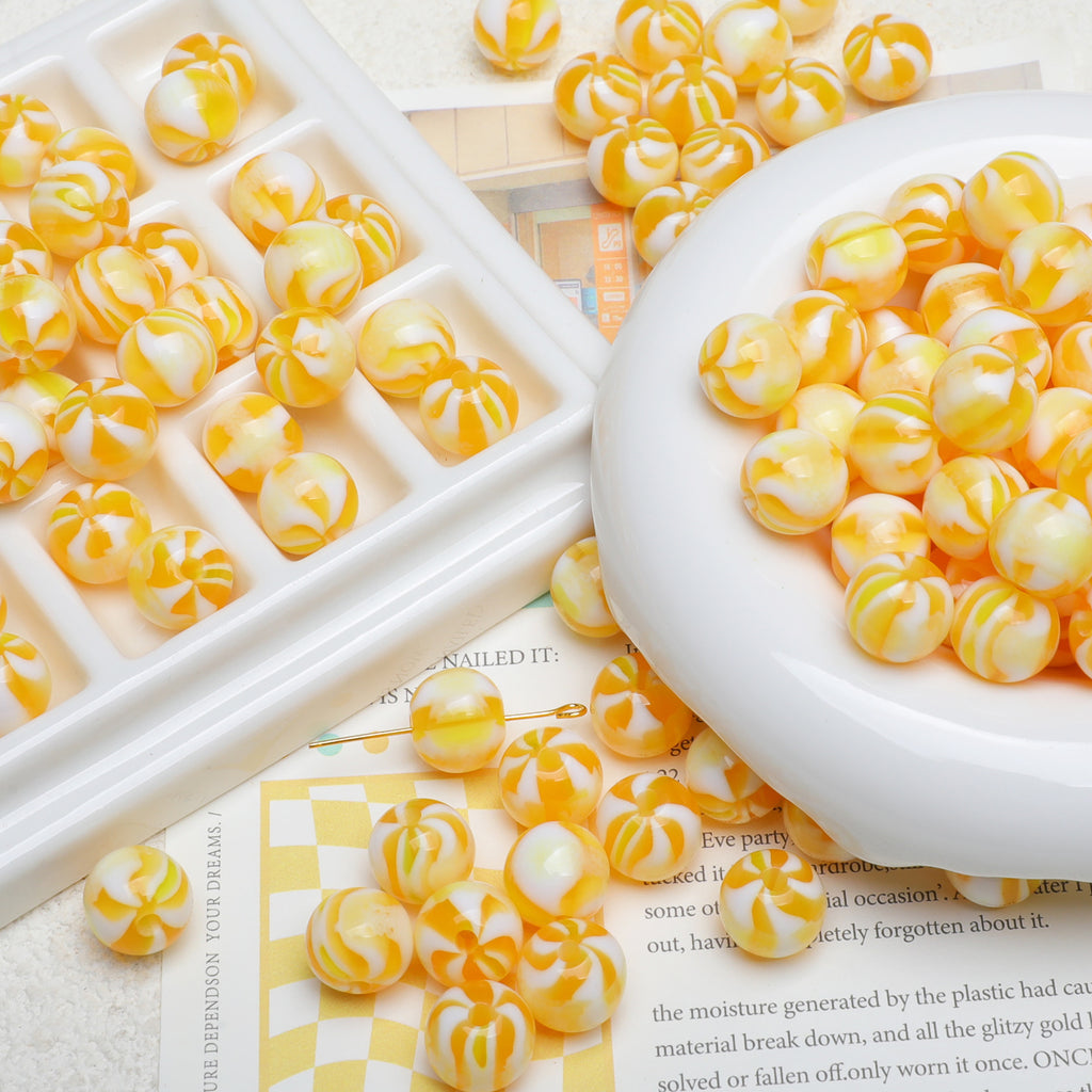 Japanese Candy Striped Resin Beads 10mm Glossy Yellow White 30pcs 3
