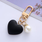 Matte Heart Keychain with Pearl Accent Black White Resin Gold Tone 6