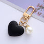 Matte Heart Keychain with Pearl Accent Black White Resin Gold Tone 6