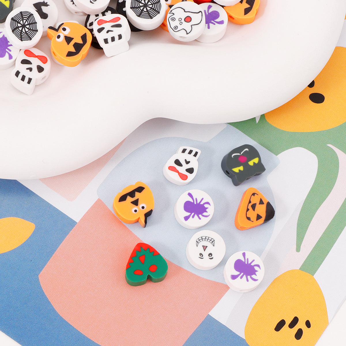 Festive Flat Clay Beads 9mm Halloween Theme Pattern 100pcs 4