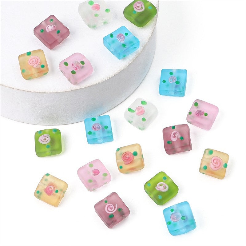 Frosted Square Glass Beads 12mm Hand-Painted Rose Design 4pcs 4