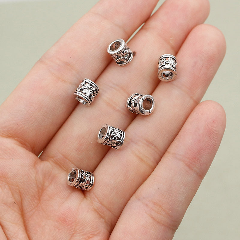 Flower Barrel Metal Beads 6mm Hollow Tibetan Silver Tone 2pcs 4