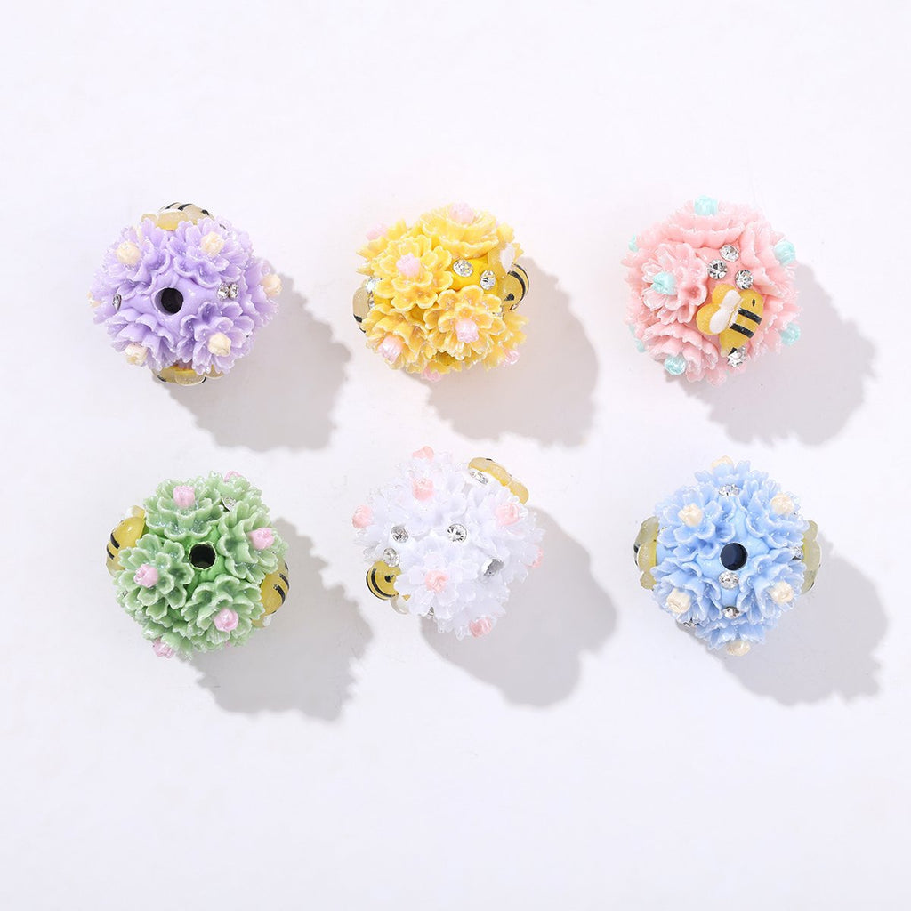 Floral Bubblegum Beads 23mm Bee Flower Ball Resin Rhinestone 3pcs 6