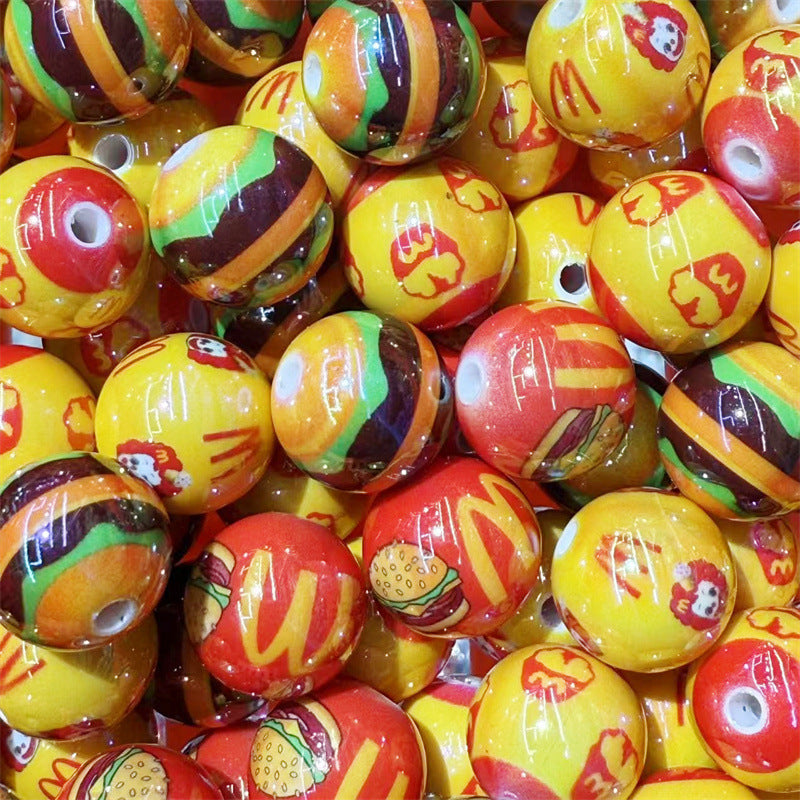 Painted Round Acrylic Beads 16mm McDonald Hamburger Design 100pcs 3