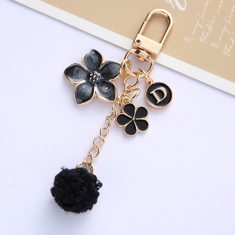 Alloy Flower Keychain with Enamel Petals Pompom and Letter Charm 2