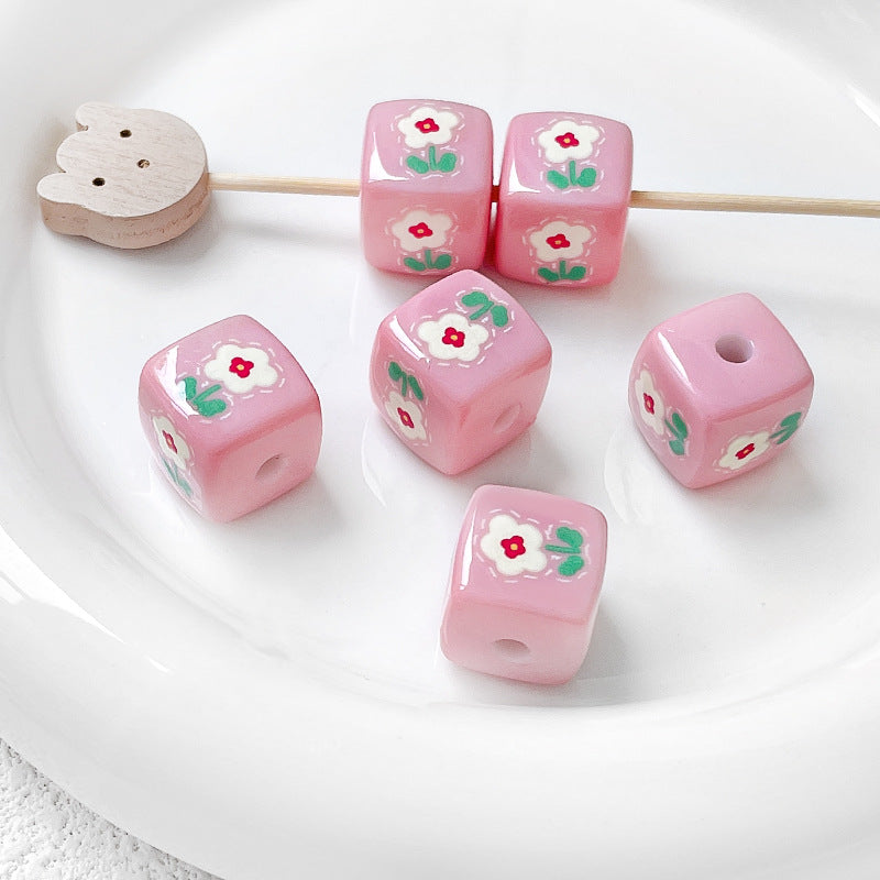 Hand Painted Square Acrylic Beads 14mm Flower Plaid Design 2pcs 8