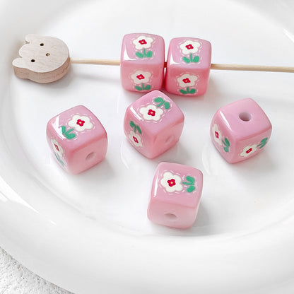 Hand Painted Square Acrylic Beads 14mm Flower Plaid Design 2pcs 8