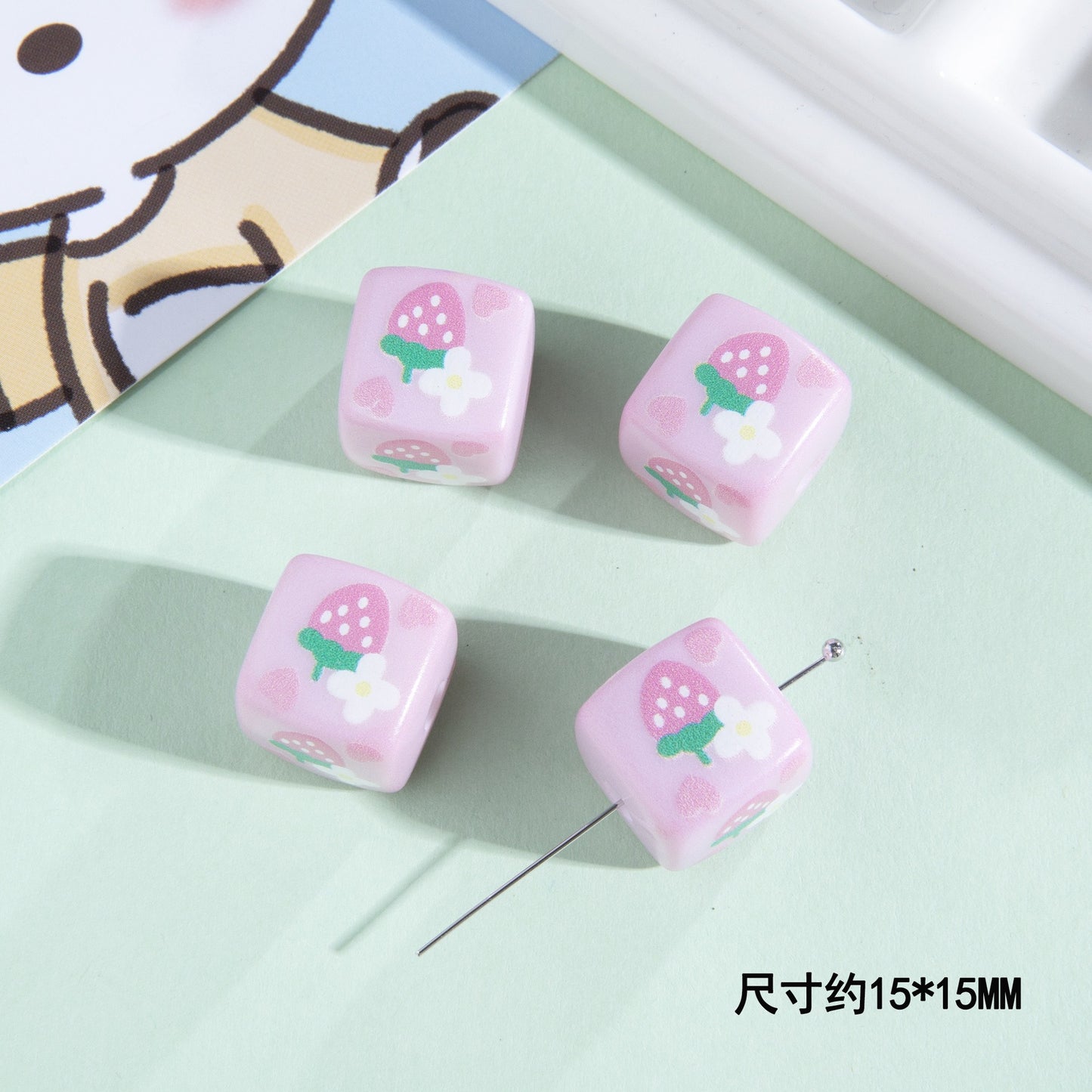 Printed Acrylic Square Beads 15mm Sanrio Pastel Colors 10pcs 17