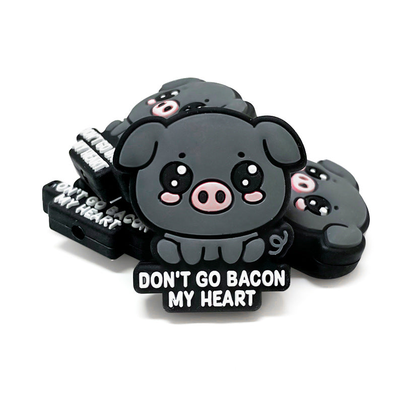 Silicone Focal Beads Black Pig With Don Go Bacon My Heart Text 20pcs