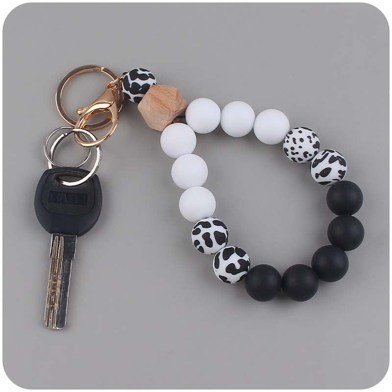 Leopard Wood Octagonal Silicone Bead Wristlet Keychain 2