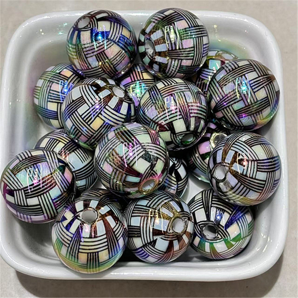 Plating Round Acrylic Beads 16mm UV Woven Plaid Pattern 100pcs 6