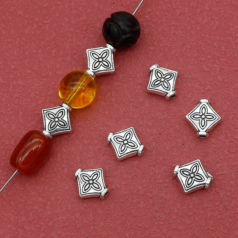 Flat Square Metal Beads 10mm Tibetan Four-Leaf Pattern 100pcs 3