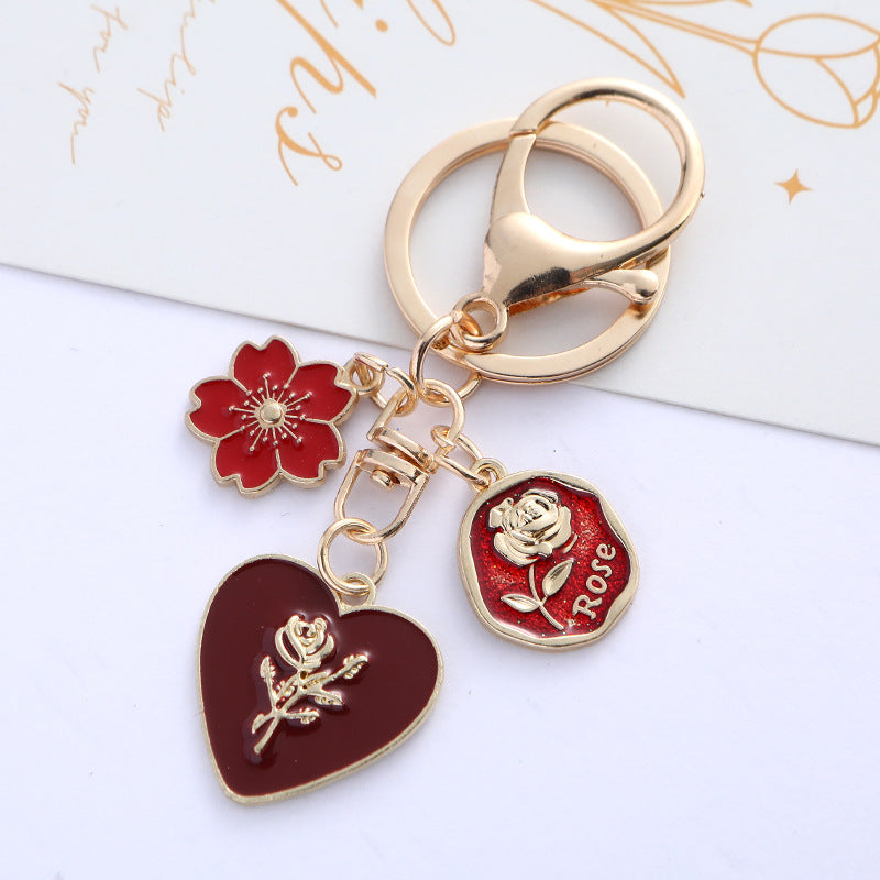 Pearl Rose Heart Flower Alloy Keychain Gold Tone Romantic Charm 4
