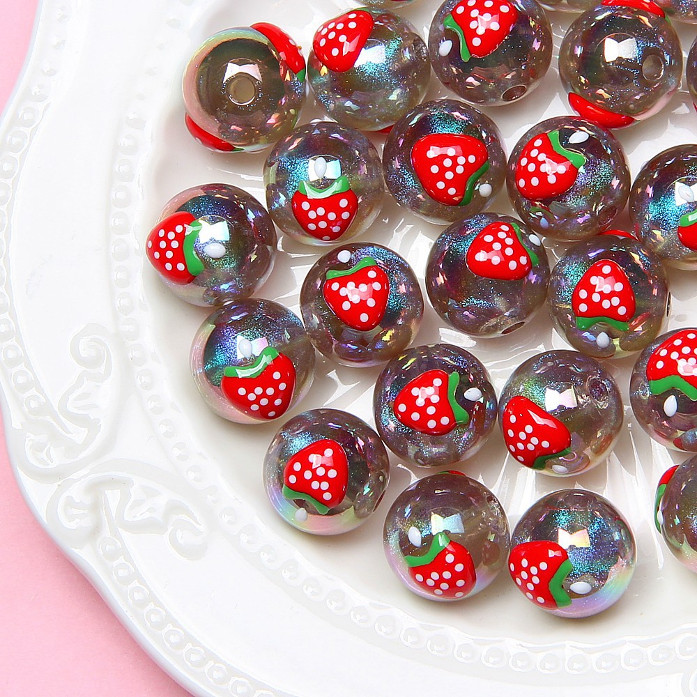 Hand Painted Cat Claw Strawberry Series Acrylic Beads 16mm 10pcs 14