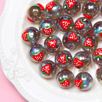 Hand Painted Cat Claw Strawberry Series Acrylic Beads 16mm 10pcs 14