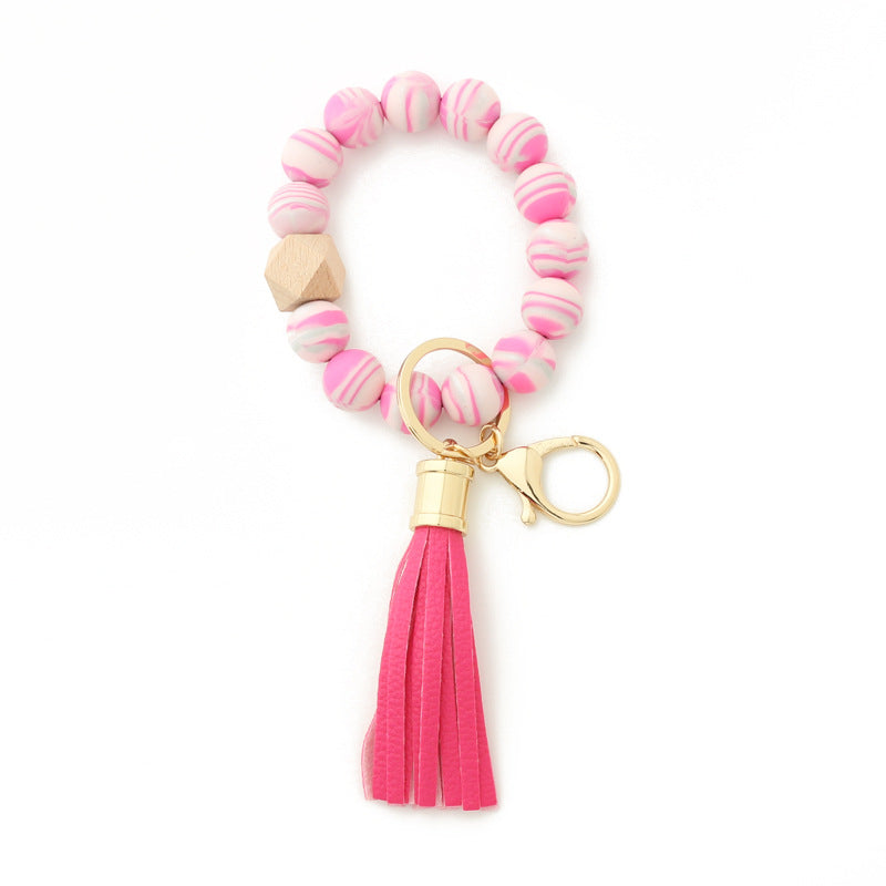 Silicone Bead Bracelet Wrist Keychain Marbled Beech Wood Tassel 4