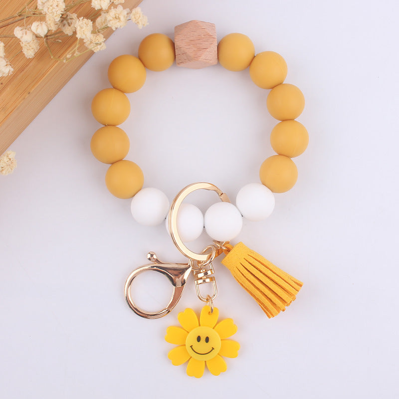 Sunflower Heart Wristlet Keychain Silicone Beaded Charm 7