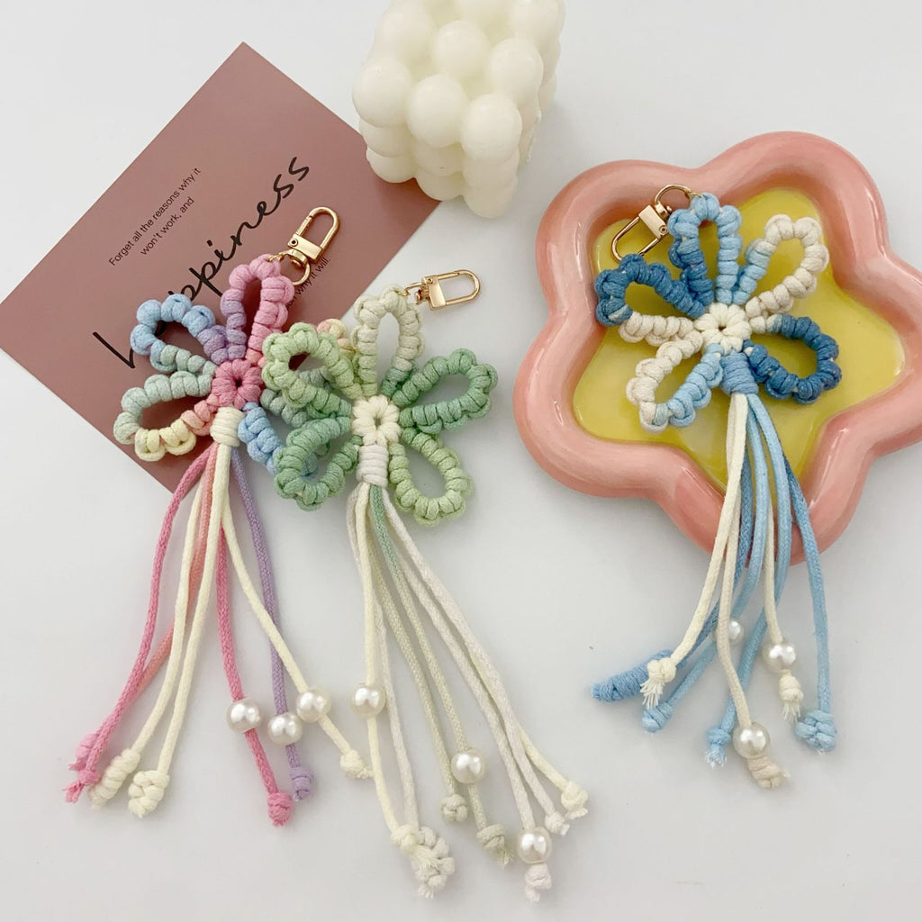 Crochet Flower Keychain Variegated Cotton Cord Pearl Tassels 24cm 3