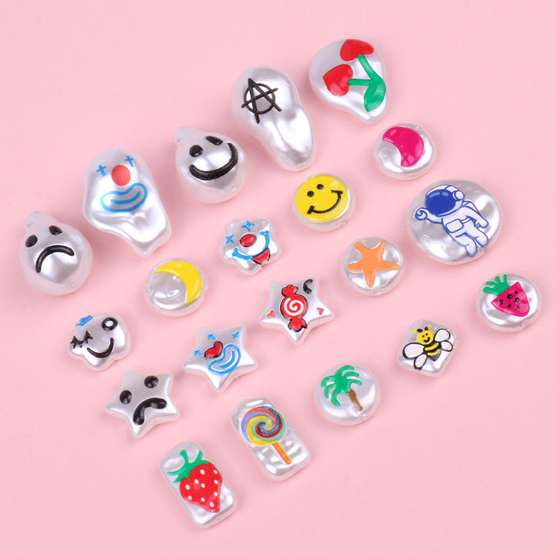 Hand Painted Cartoon Pattern Pearlized Acrylic Beads ABS Plastic 10pcs 2