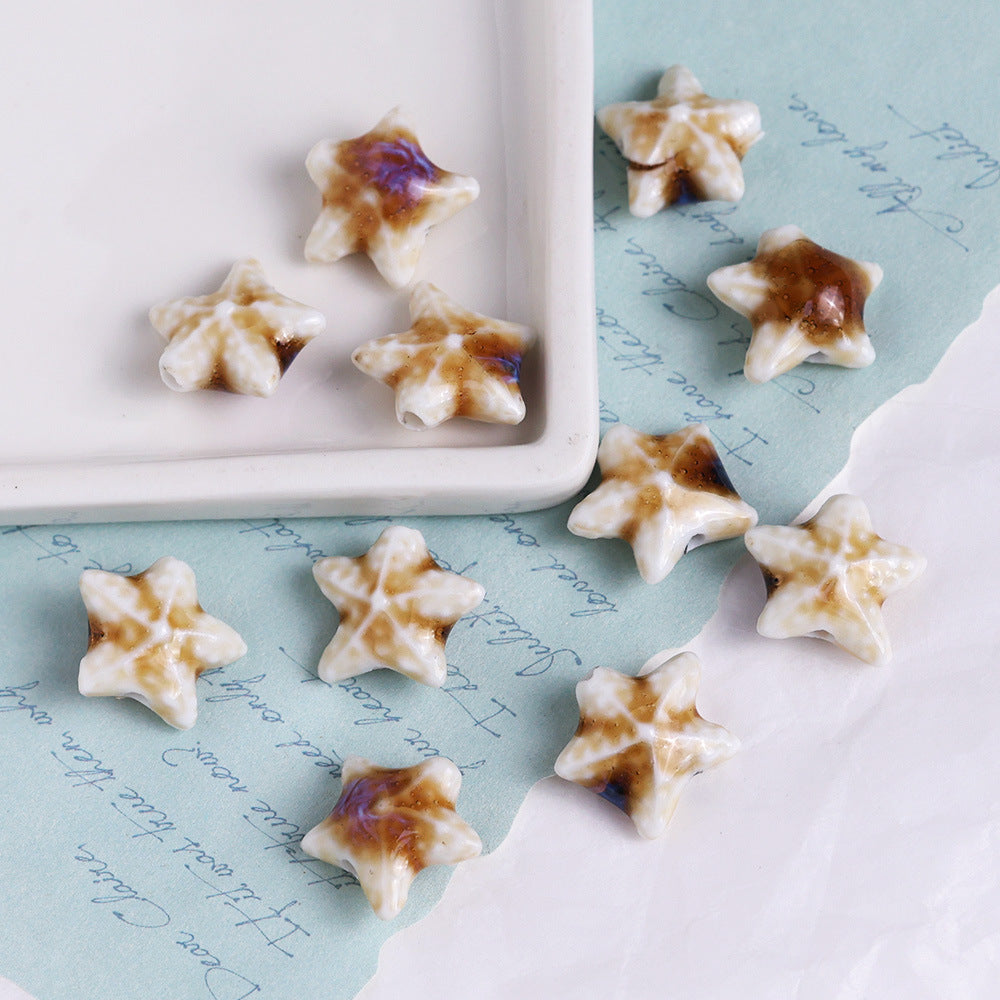 Coffee Color Ocean Creatures Ceramic Beads Hand Painted 5pcs 3