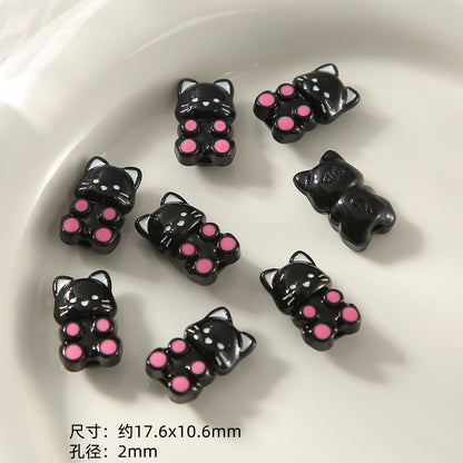 Kitten Series Metal Beads Black and Pink Enamel Alloy 10pcs 11