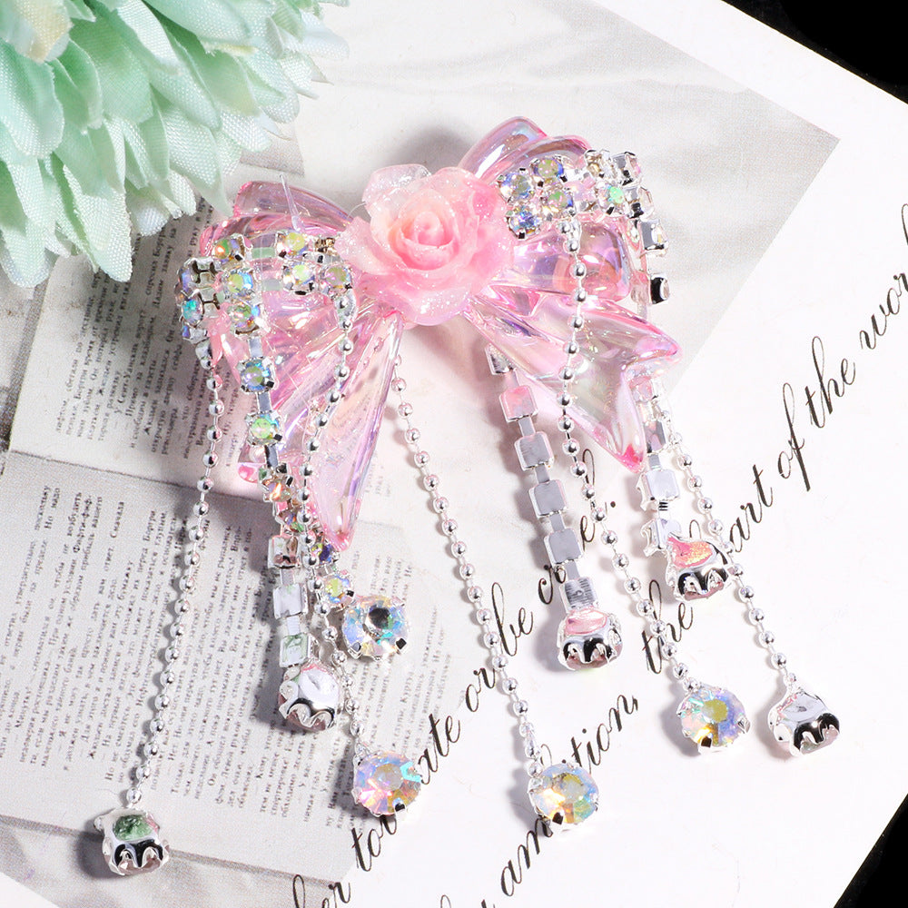 Fancy Tassel Rose Bow Acrylic Beads 40mm Rhinestone 3pcs 8