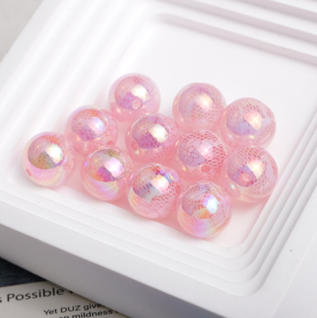 UV Plating Round Acrylic Beads 14mm Lace Printed Mixed Colors 50pcs 3