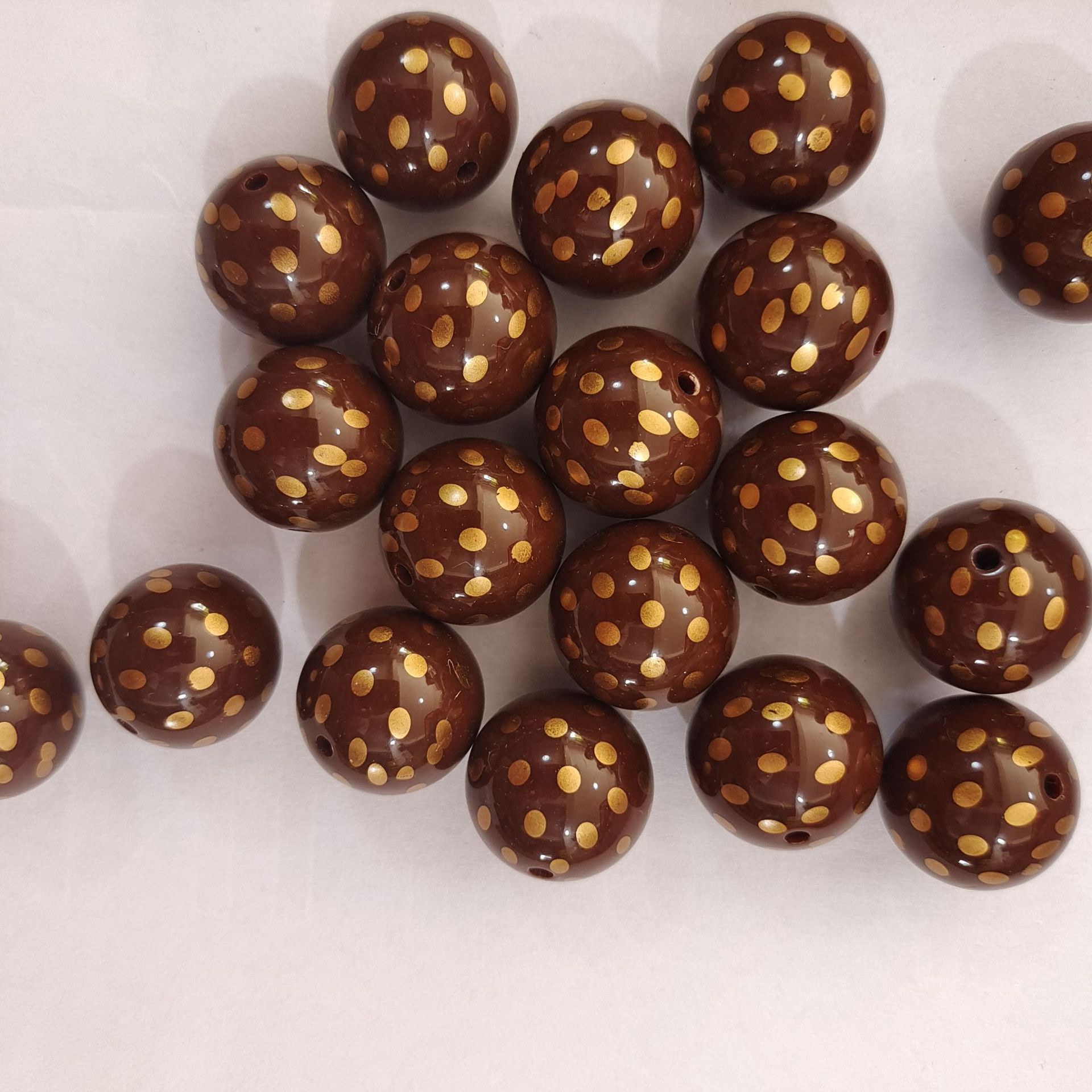 Polka Dot Bubblegum Beads 20mm Coffee Colored Gold Accented 5pcs 2