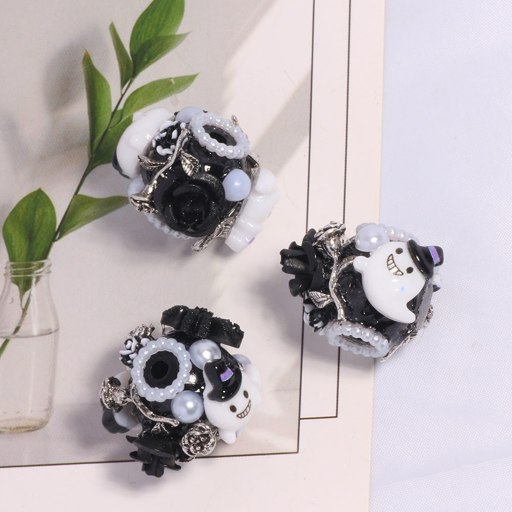 Halloween Barrel Clay Beads 26mm Skull Black Roses Pearl 5pcs 9