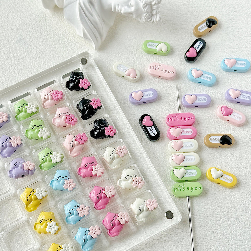 Heart Metal Beads 15-18mm Baking Painted Cherry Blossom Kitten Design 10pcs