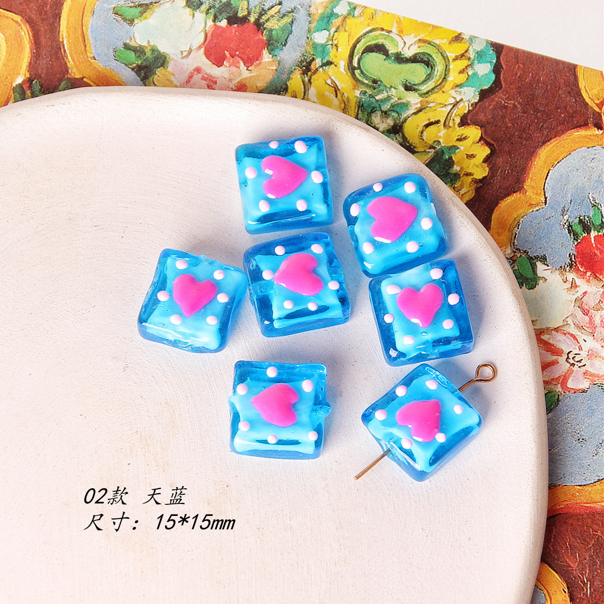 Lampwork Glass Beads Square 15mm Hand Painted Dotted Heart 10pcs 7