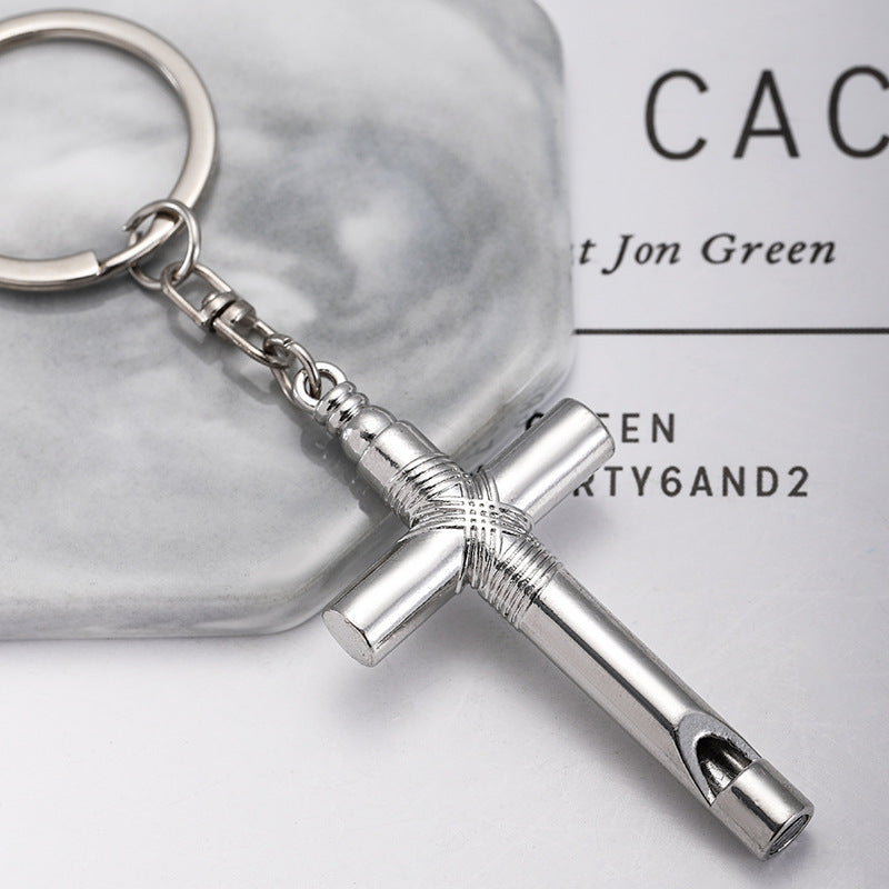 Alloy Cross Whistle Keychain Zinc Metal Industrial Style Silver Black 2