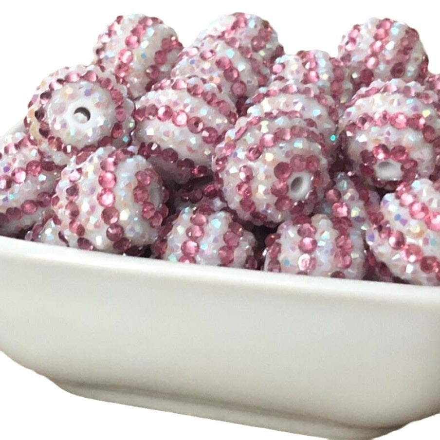 Rhinestone Bubblegum Beads 16-22mm Pink White Striped Resin 5pcs 2