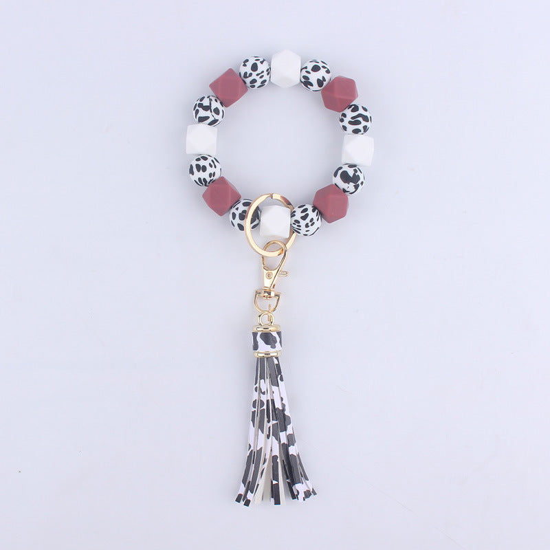 Leopard Print Silicone Bead Tassel Wristlet Keychain 10