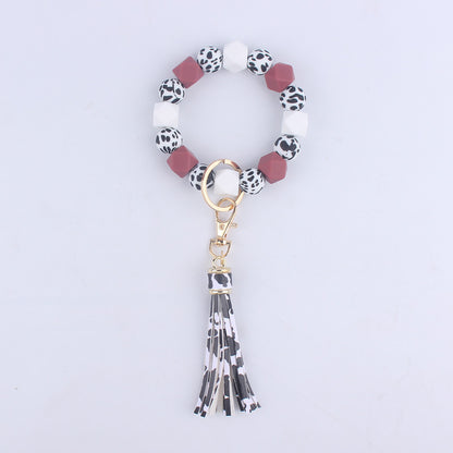Leopard Print Silicone Bead Tassel Wristlet Keychain 10