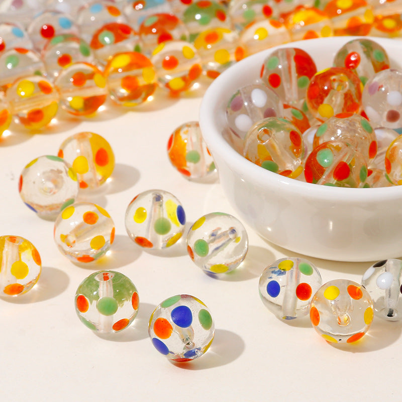 Lampwork Glass Beads Round 12mm Hand Painted Transparent Polka Dot 10pcs 2