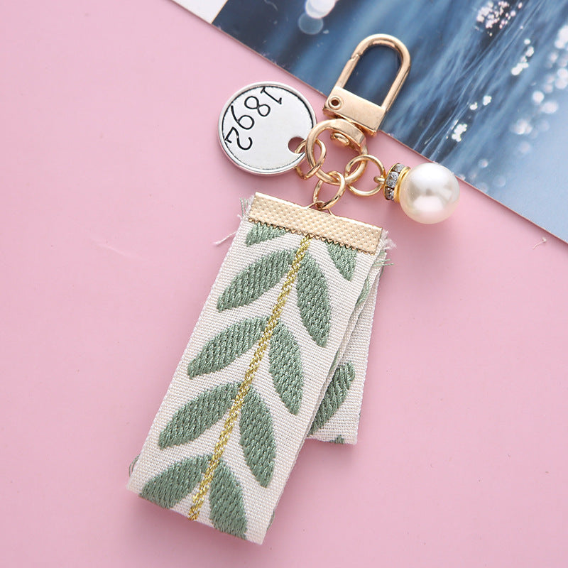 Ribbon Pearl Keychain Alloy Gold Tone Charms Embroidered Leaves 4