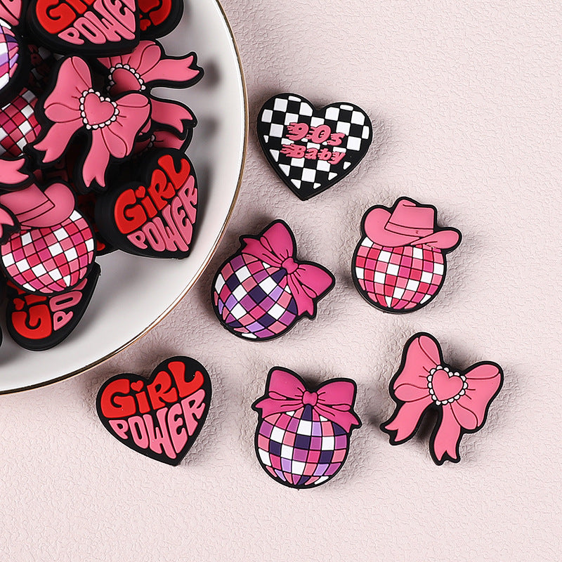 Silicone Focal Beads Love Heart Girl Power Pink Retro 20pcs