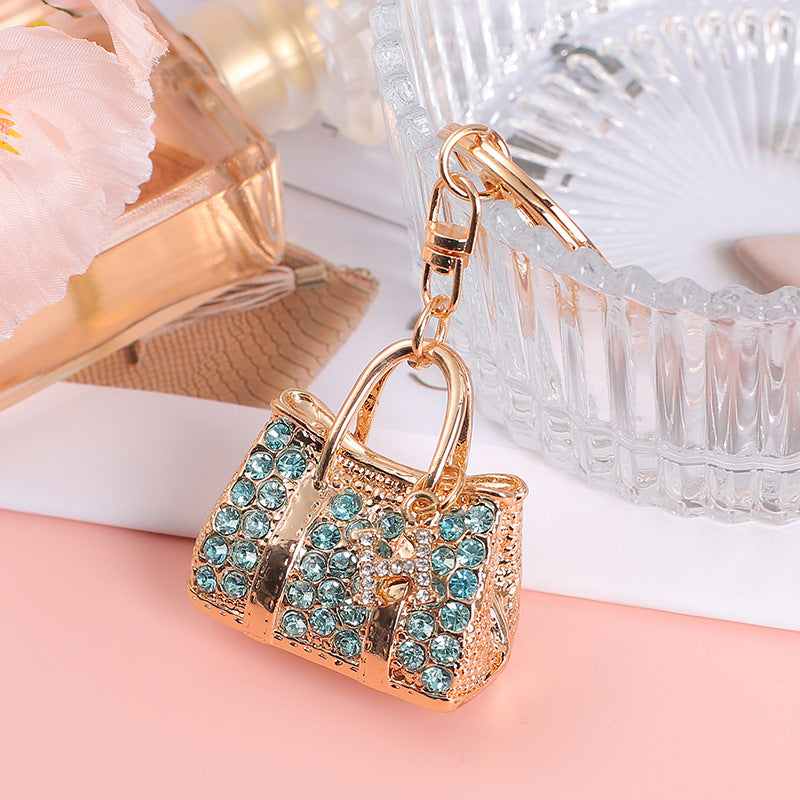 Rhinestone Mini Handbag Metal Keychain Gold Finish Colorful Gems 6