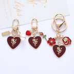 Pearl Rose Heart Flower Alloy Keychain Gold Tone Romantic Charm 2