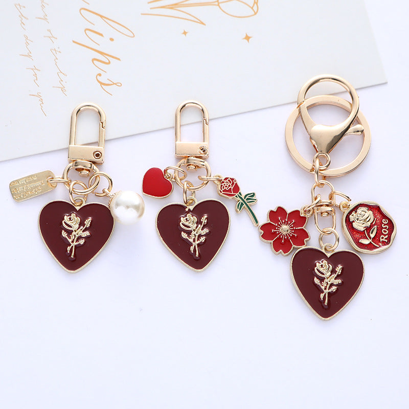 Pearl Rose Heart Flower Alloy Keychain Gold Tone Romantic Charm 2