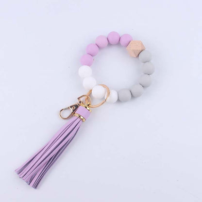 Octagonal Silicone Bead Wristlet Keychain Matte Beech Wood Tassel 12