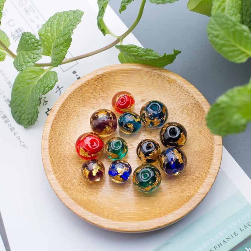 Lampwork Glass Beads Round 8/10/12mm Gold Foil Flakes Filled 50pcs 2