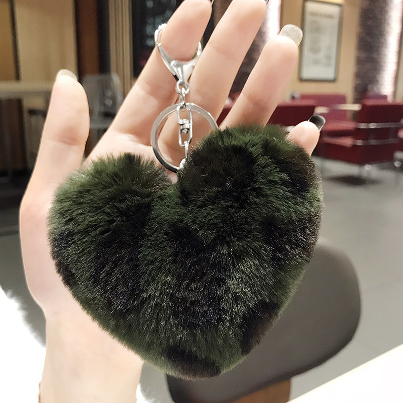 Plush Leopard Pom Pom Heart Keychain Soft Faux Fur 13cm 2pcs 10