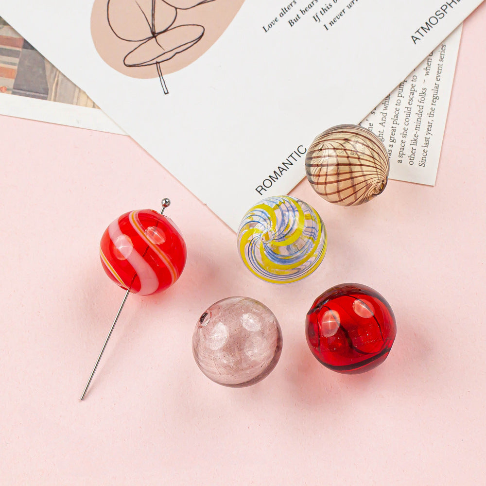 Vintage Hollow Striped Blown Glass Beads 21mm 4pcs 4