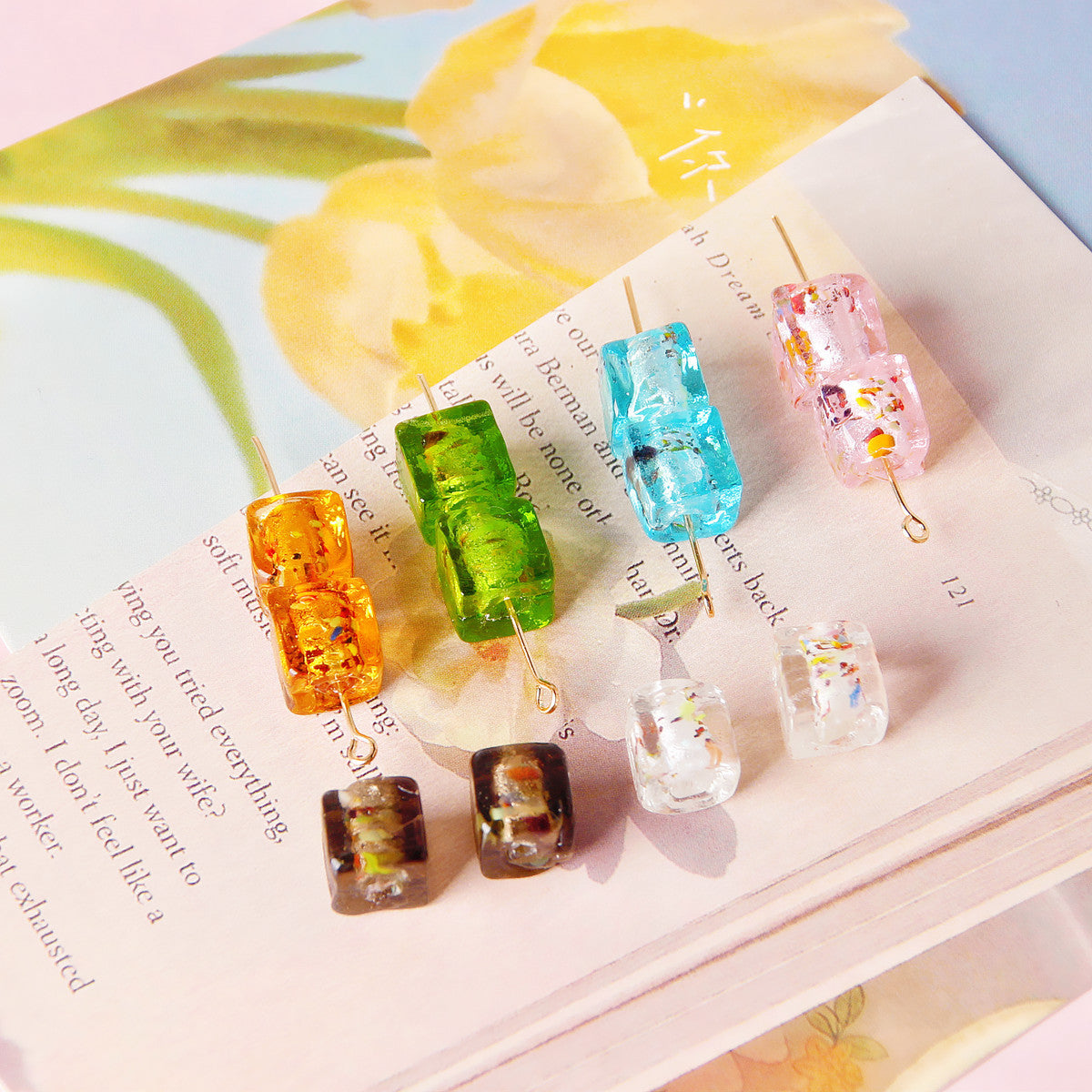 Lampwork Glass Beads Cube 10mm Blooming Colors Glossy 10pcs 3